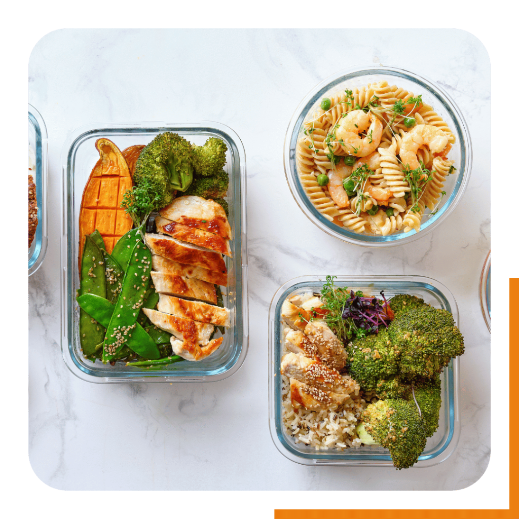3 bowls of healthy, high protein meal prep items with chicken, shrimp, and broccoli.